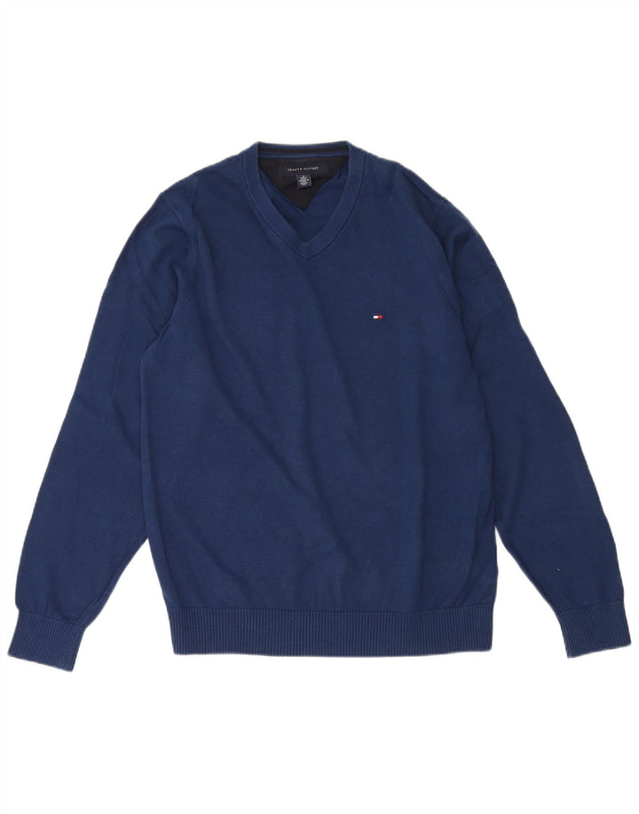 TOMMY HILFIGER Mens V-Neck Jumper Sweater Medium Blue Cotton