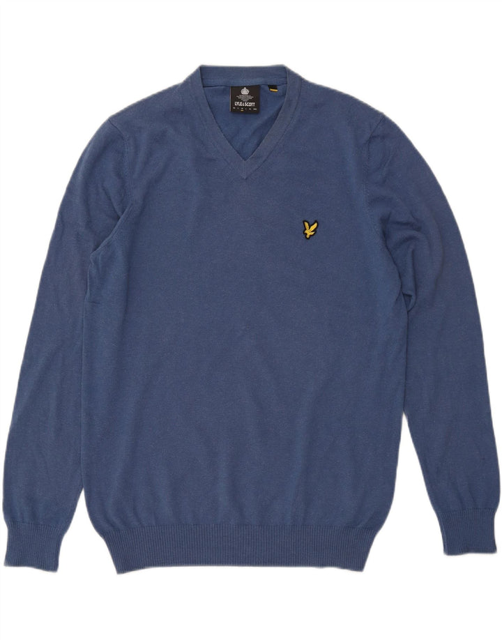Pulover cu decolteu în V Lyle & Scott pentru bărbați, bumbac albastru mediu