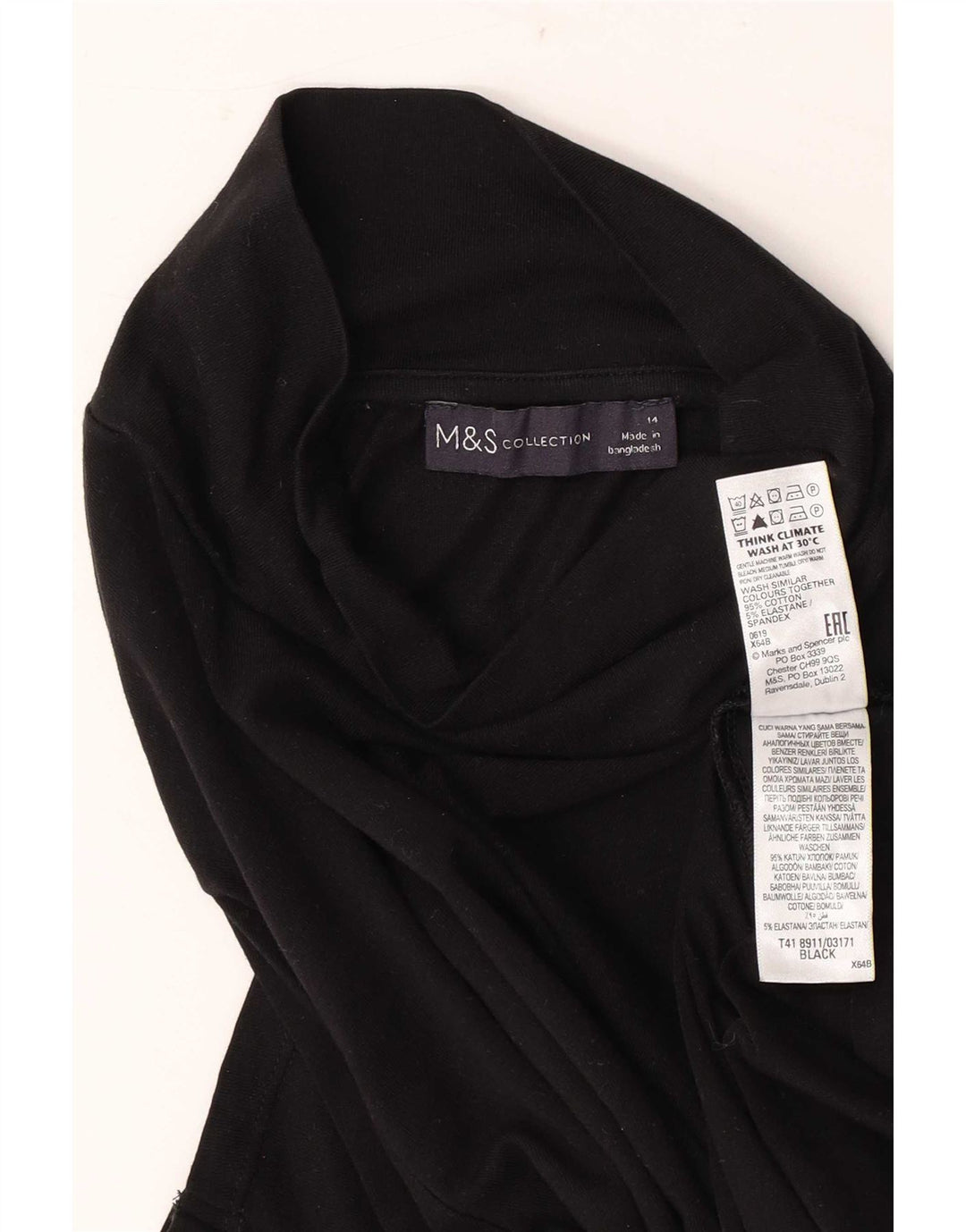 Top pentru femei Marks & Spencer cu mânecă lungă UK 14, bumbac mediu negru