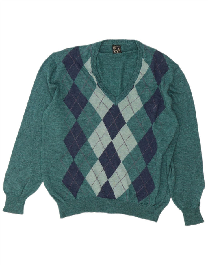 Pulover pentru bărbați Mapier cu decolteu în V, verde mediu, lână Argyle/Diamond