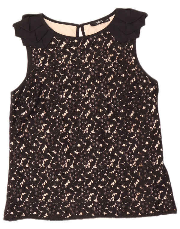 Bluză Oasis pentru femei, fără mâneci, din dantelă, UK 10, bumbac floral negru mic