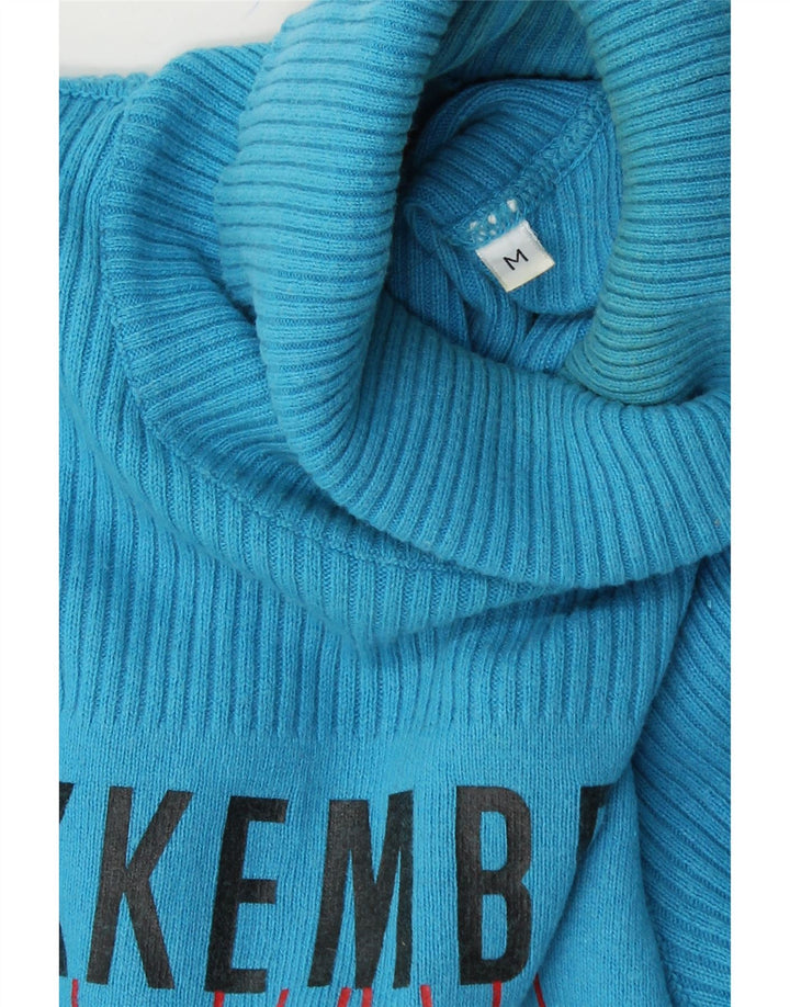 BIKKEMBERGS Womens Graphic Roll Neck Jumper Sweater UK 12 Medium Blue Wool Vintage Bikkembergs and Second-Hand Bikkembergs from Messina Hembry 