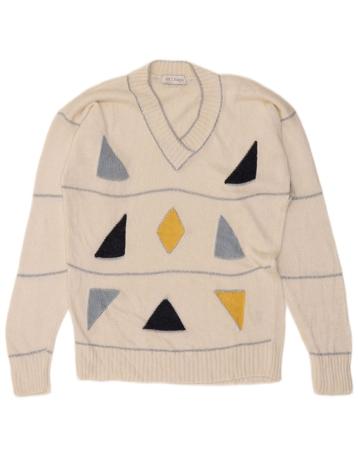 Mc. Pulover Dowell pentru femei, cu decolteu în V, IT 46, mare, alb, geometric, viscoză