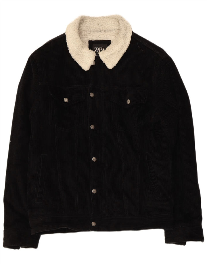 ZARA Womens Corduroy Sherpa Jacket UK 14 Medium Black Polyester