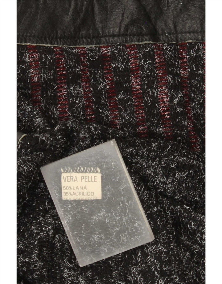 Pulover vintage pentru bărbați cu gât roșu, lână mare neagră, moale