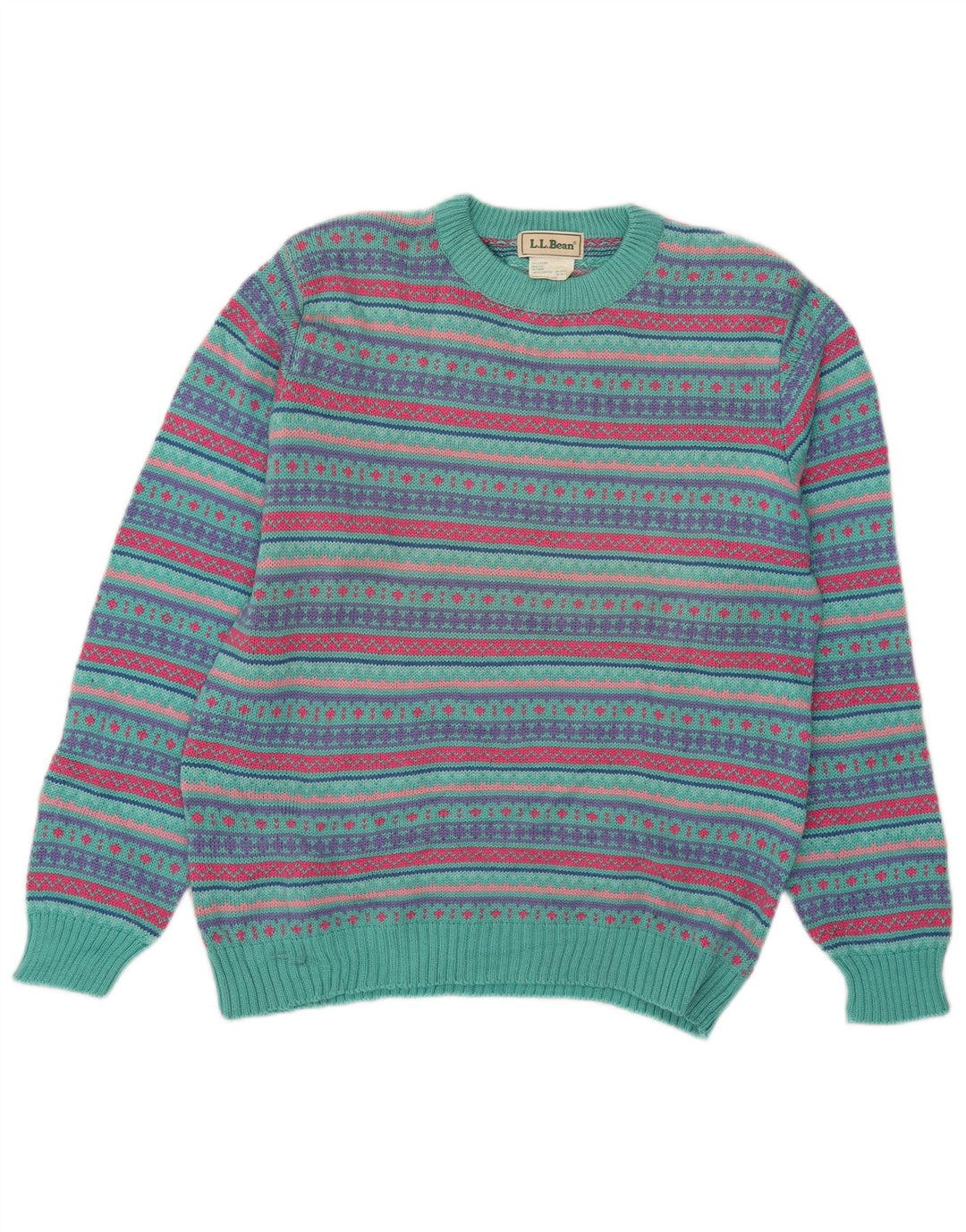L.L.Bean Pulover pentru bărbați cu gât roșu din lână Fair Isle, mare, multicoloră
