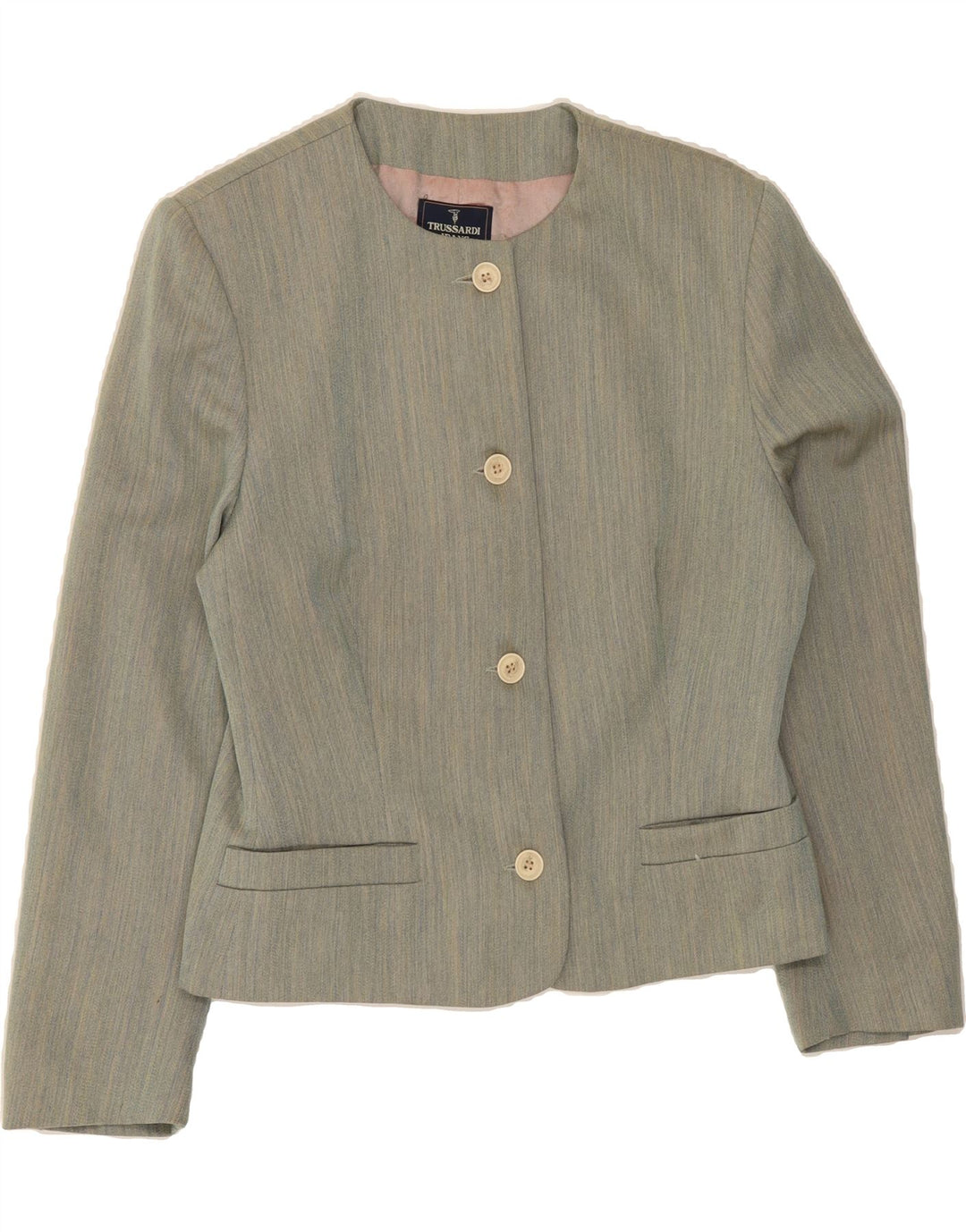 TRUSSARDI Womens 4 Button Blazer Jacket IT 44 Medium Grey Pinstripe Vintage Trussardi and Second-Hand Trussardi from Messina Hembry 