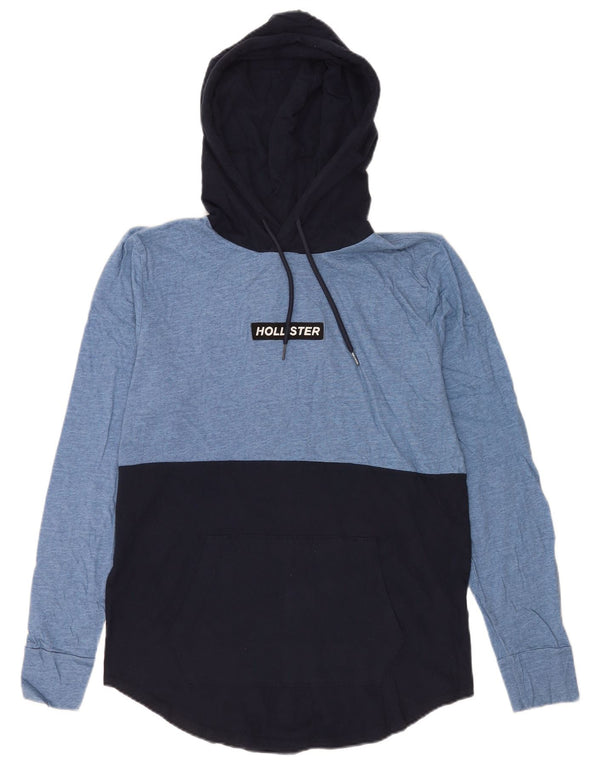 Top cu glugă Hollister pentru bărbați, cu mânecă lungă, albastru mediu, bumbac color bloc