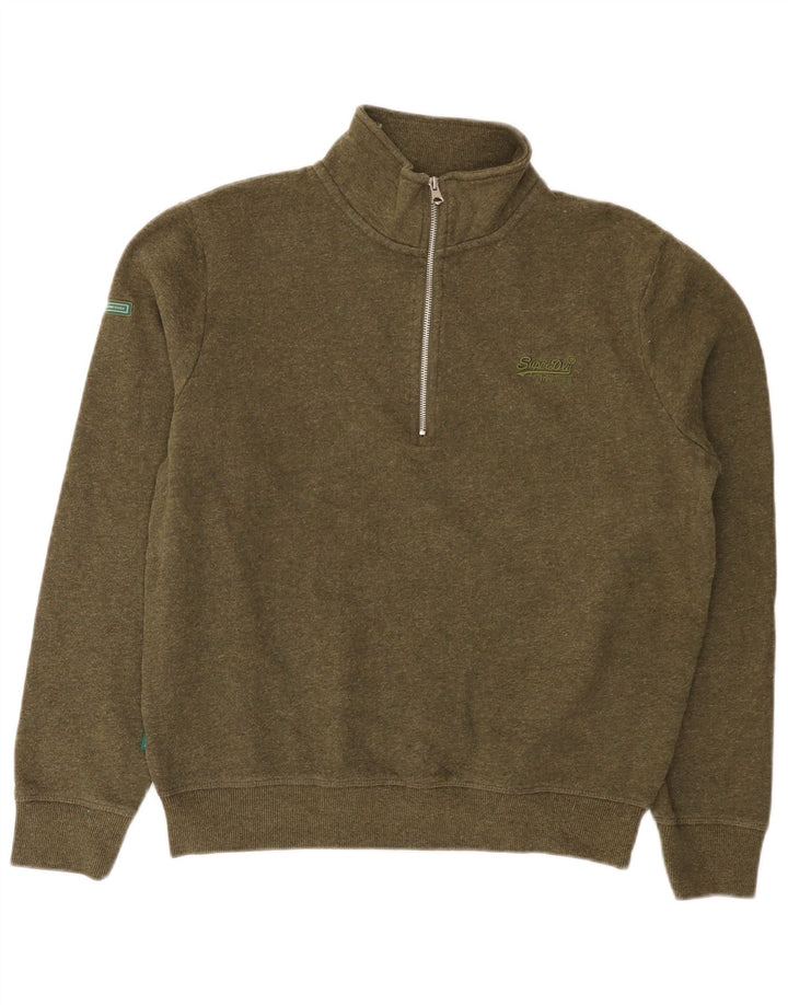 Pulover Superdry pentru bărbați, cu fermoar, cu gât, bumbac mare, kaki