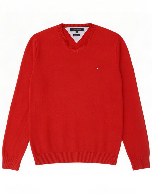 Pulover Tommy Hilfiger pentru bărbați, cu decolteu în V, bumbac roșu mediu