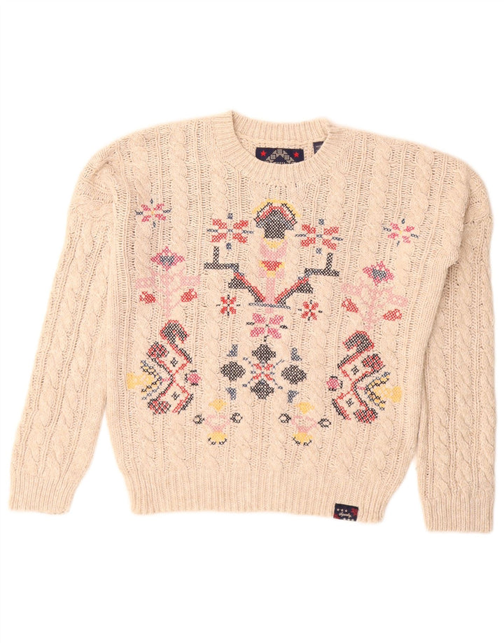 Pulover Superdry pentru femei cu decolteu triplu UK 8 Small Off White Fair Isle