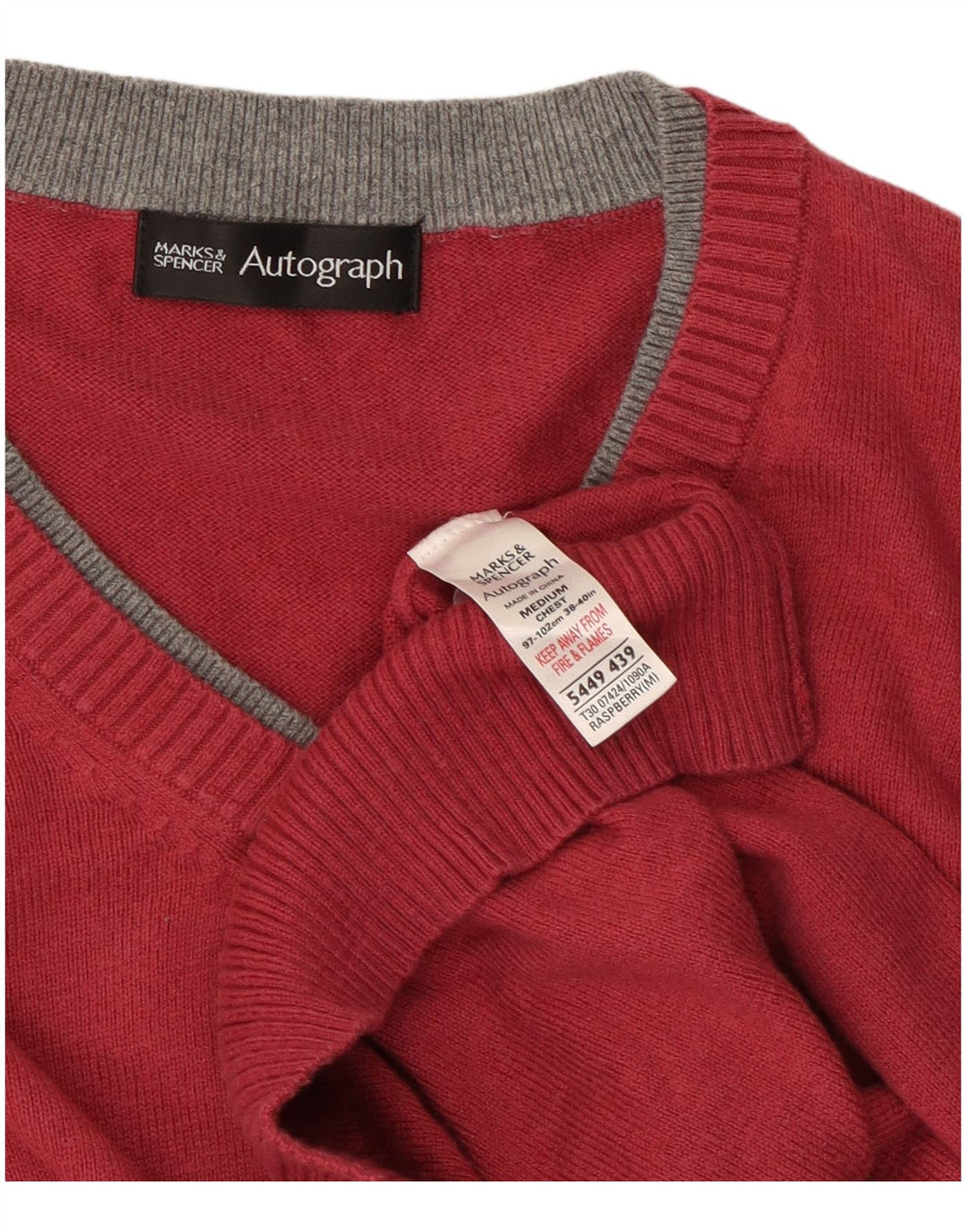 Pulover cu decolteu în V cu autograf pentru bărbați Marks & Spencer, bumbac burgundă mediu