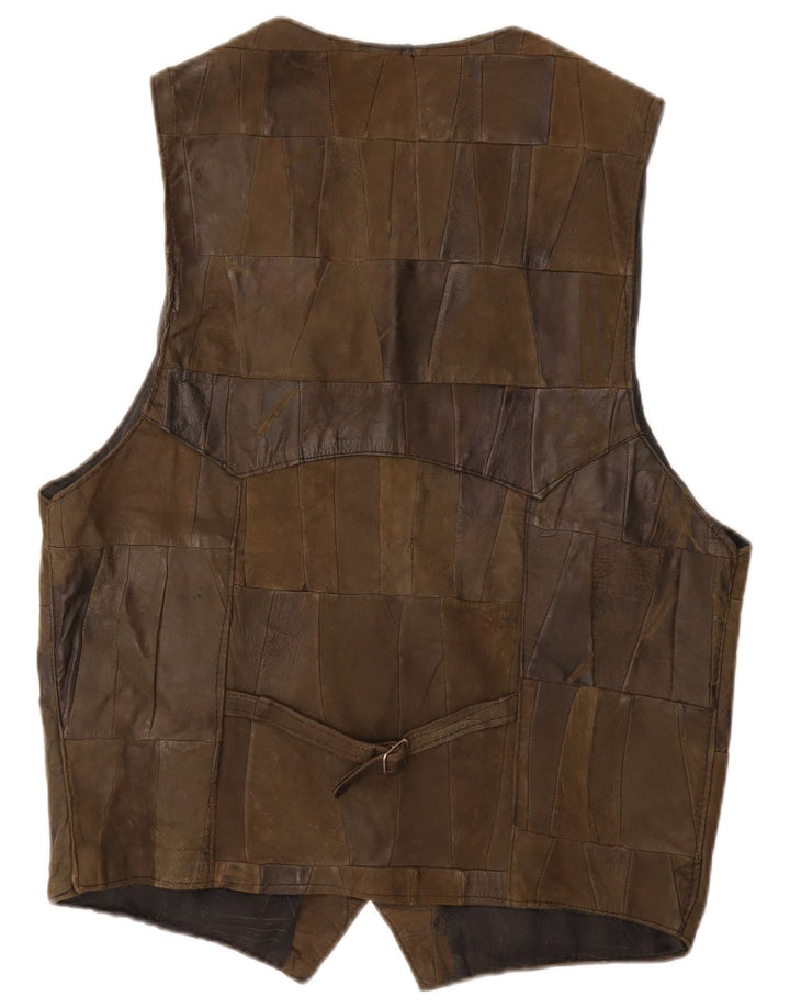 Vestă din piele vintage pentru bărbați XL Kaki Patchwork