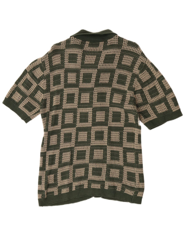 Cardigan Vintage pentru bărbați cu mânecă scurtă din bumbac geometric verde mediu