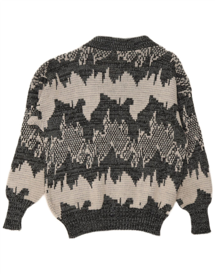 Pulover vintage pentru bărbați, cu model abstract, cu decolteu în V, gri mediu geometric