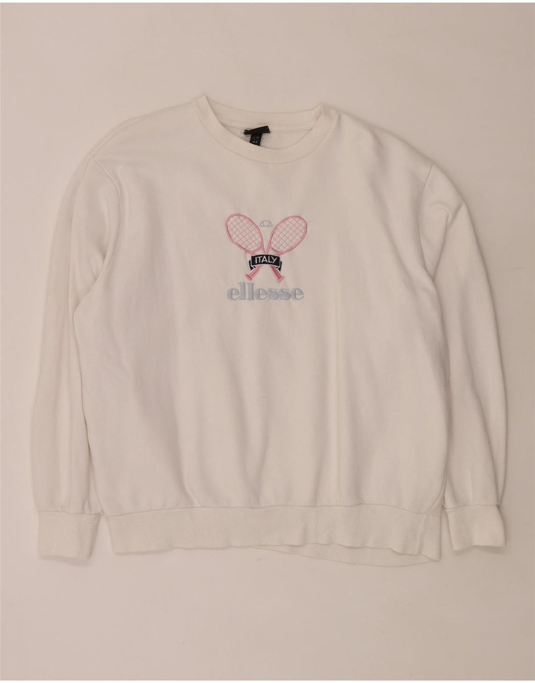 ELLESSE Pulover cu grafic supradimensionat pentru femei UK 8 Bumbac alb mic