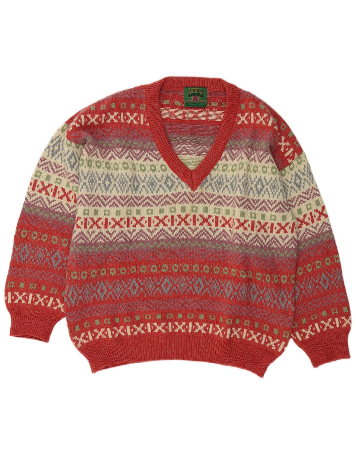 Pulover vintage pentru bărbați cu decolteu în V, mare, multicolor, din lână Fair Isle