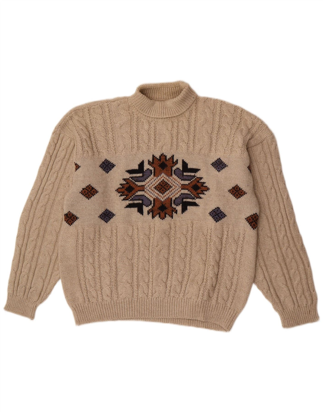 Pulover vintage pentru bărbați cu gât rulat, mijlociu, bej, geometric