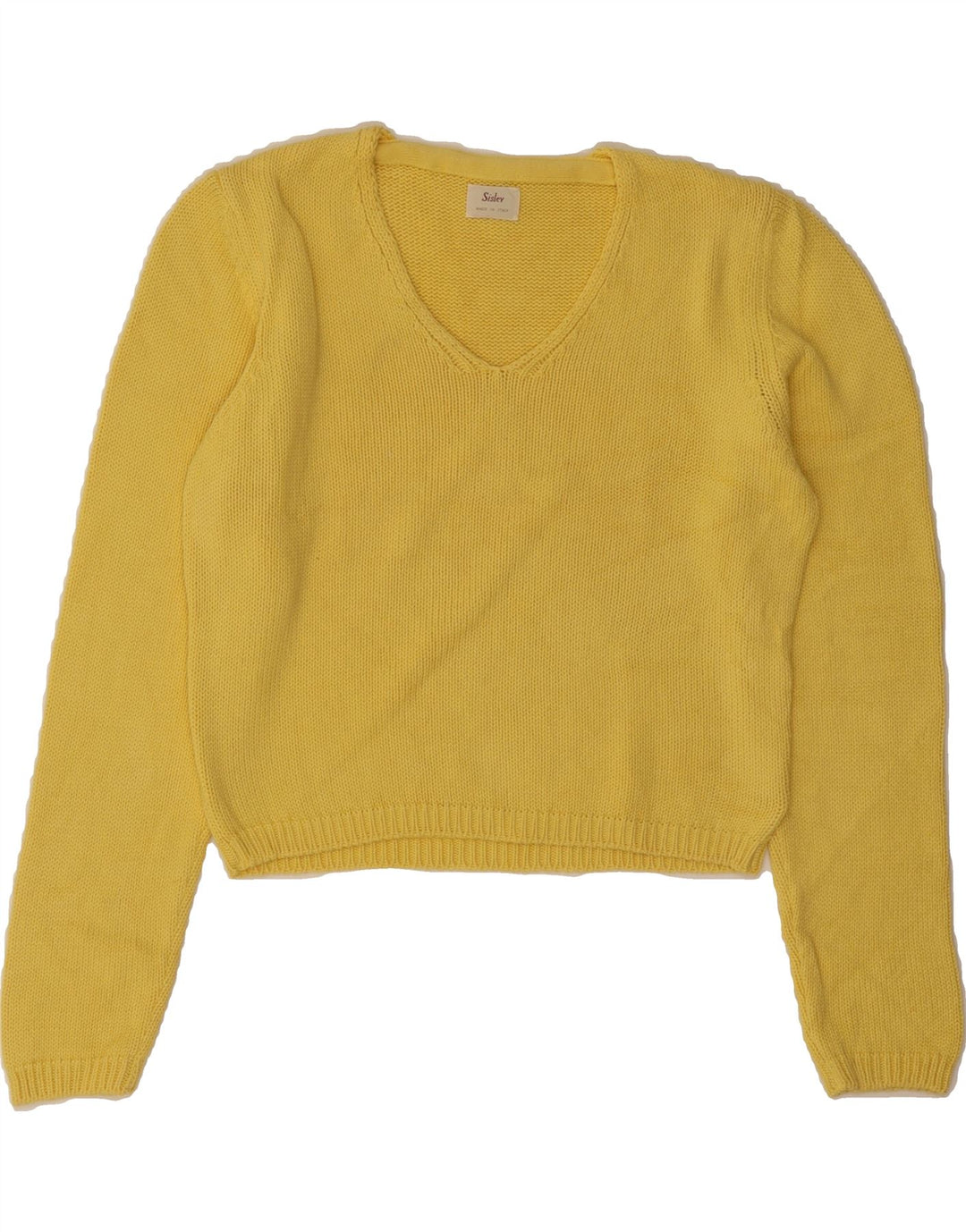 SISLEY Womens Crop V-Neck Jumper Sweater UK 12 Medium Yellow Vintage Sisley and Second-Hand Sisley from Messina Hembry 