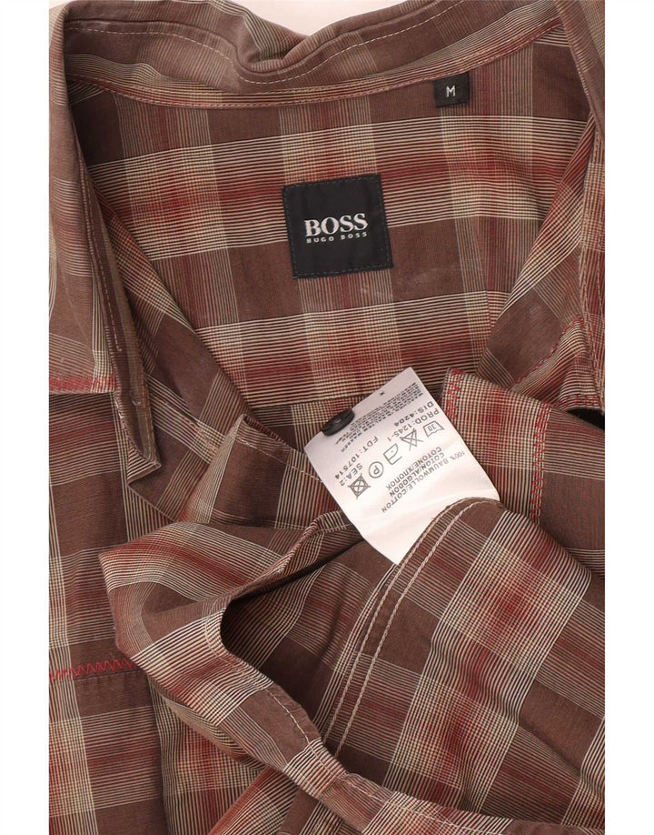 Cămașă pentru bărbați Hugo Boss, bumbac cu carouri maro mediu