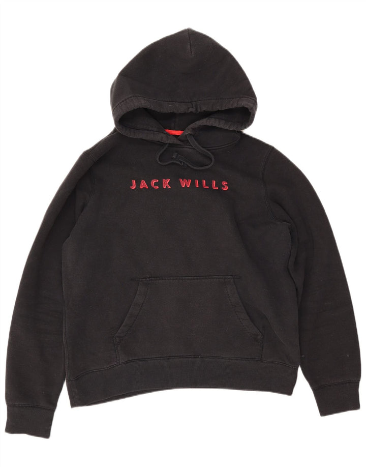 JACK WILLS Pulover cu glugă cu grafic pentru femei UK 14, mare, negru, bumbac