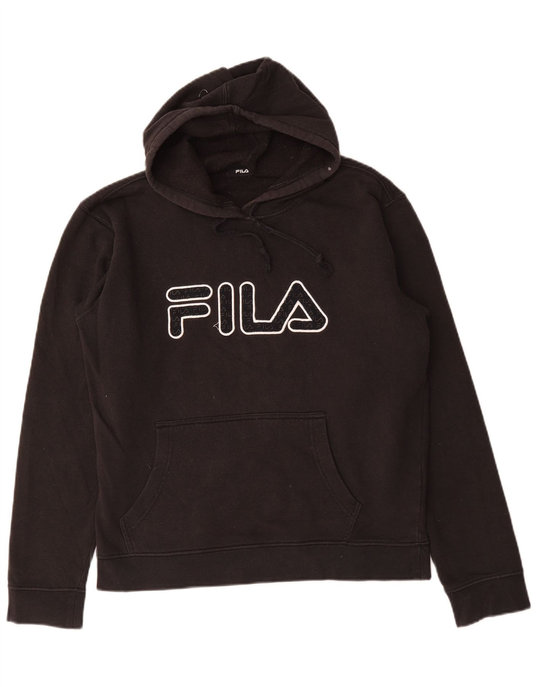 Pulover Fila pentru bărbați cu glugă grafică, bumbac mediu negru