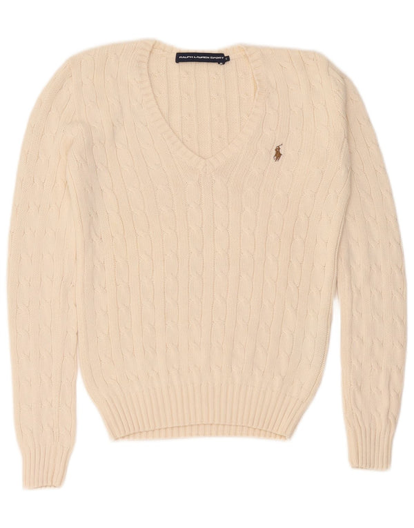 Pulover pentru femei Ralph Lauren cu decolteu în V UK 10 mic bumbac alb