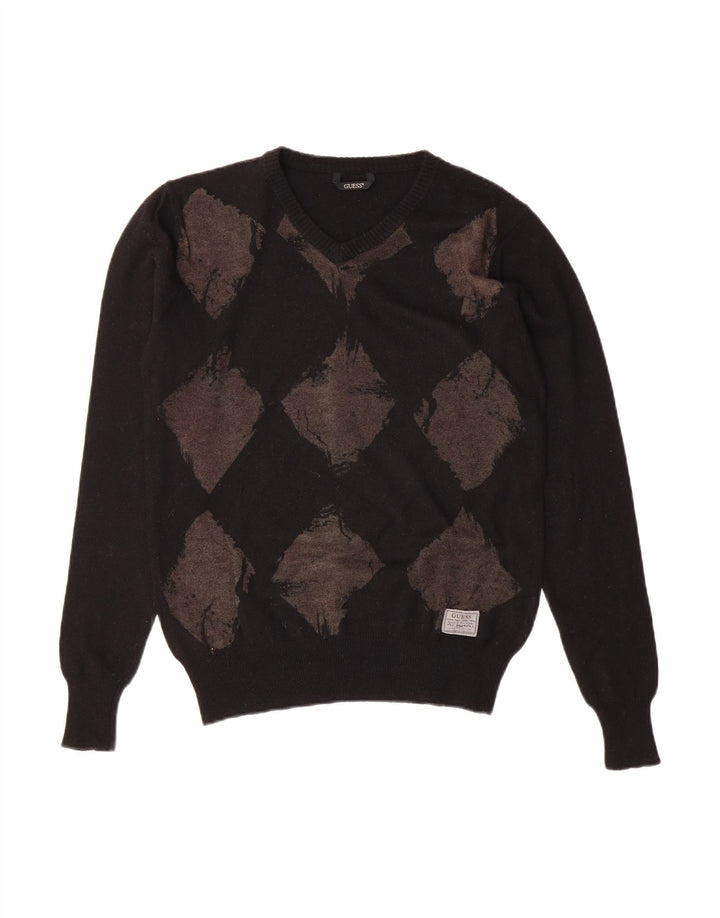 GUESS Womens V-Neck Jumper Sweater UK 10 Small Black Argyle/Diamond Wool