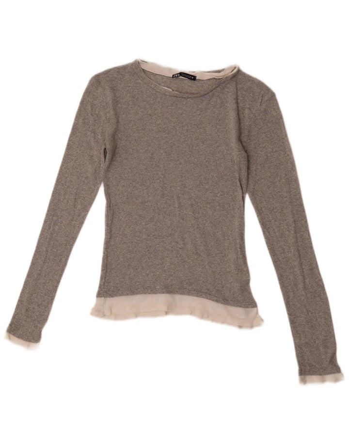 Top femeie Zara cu mânecă lungă UK 8 mic, gri, poliester color bloc