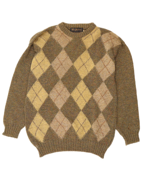 Pulover vintage pentru bărbați cu gât roșu, UK 40 Medium Khaki Argyle/Diamond