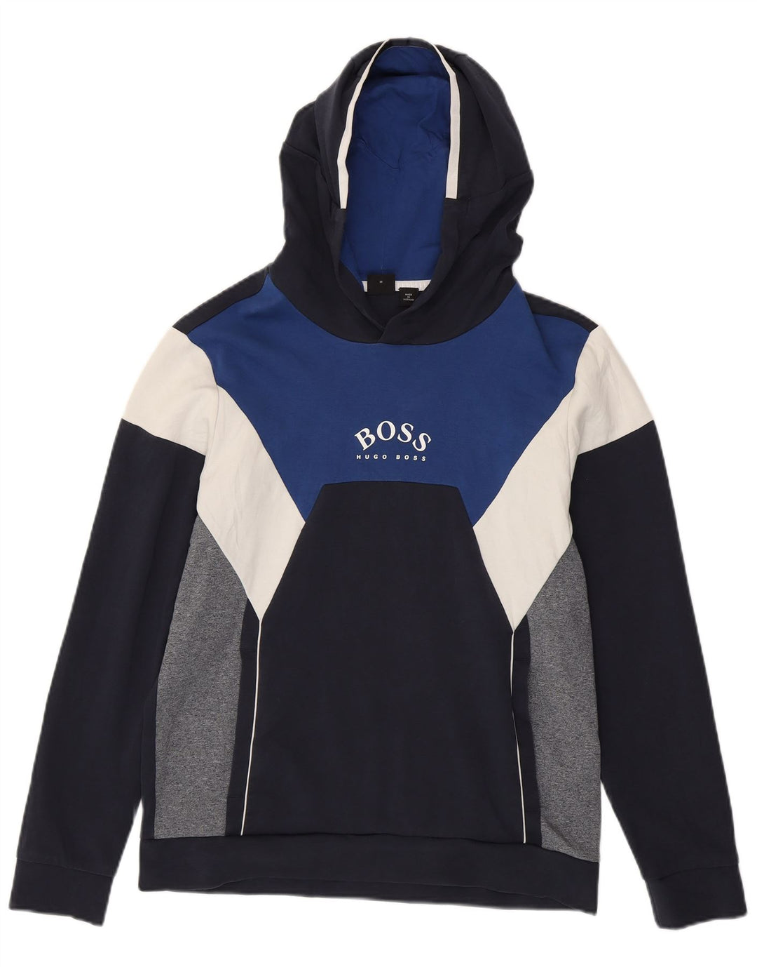 Pulover Hugo Boss pentru bărbați cu capota cu grafică, bumbac color-bloc, albastru bleumarin mediu