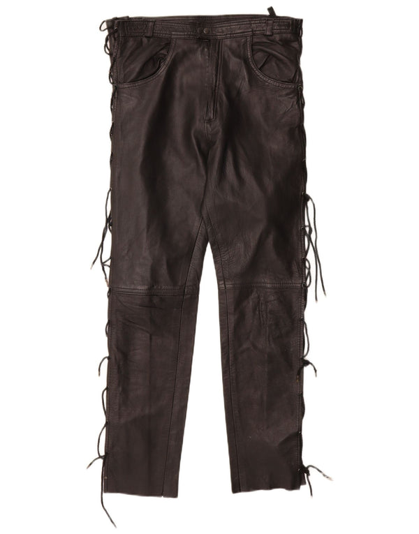 VINTAGE Pantaloni drepti din piele pentru femei IT 40 Small W28 L28 Piele neagră