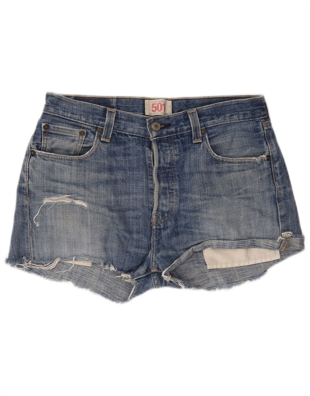 Pantaloni scurți Levi's pentru femei 501 din denim distressed W30, bumbac albastru mediu