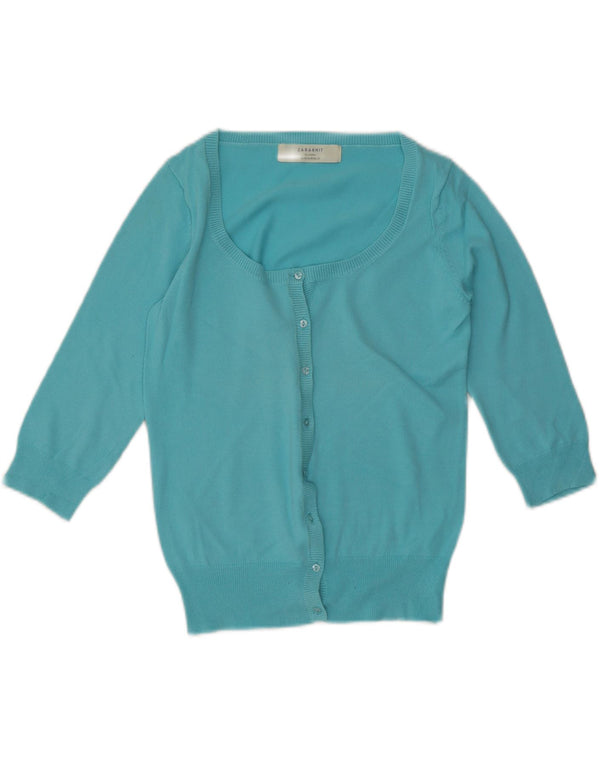 Pulover cardigan pentru femei Zara cu mâneci 3/4 UK 12, bumbac albastru mediu