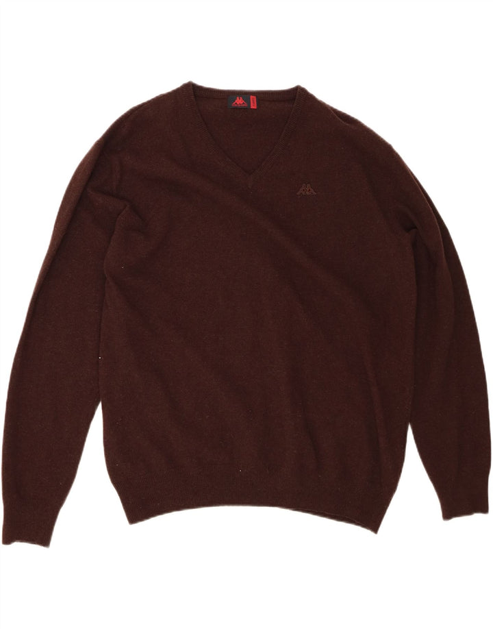 KAPPA Mens V-Neck Jumper Sweater XL Brown Lambswool Vintage Kappa and Second-Hand Kappa from Messina Hembry 
