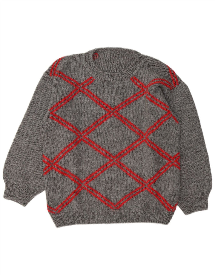 Pulover vintage pentru bărbați cu gâtul turnat, mare, gri, geometric