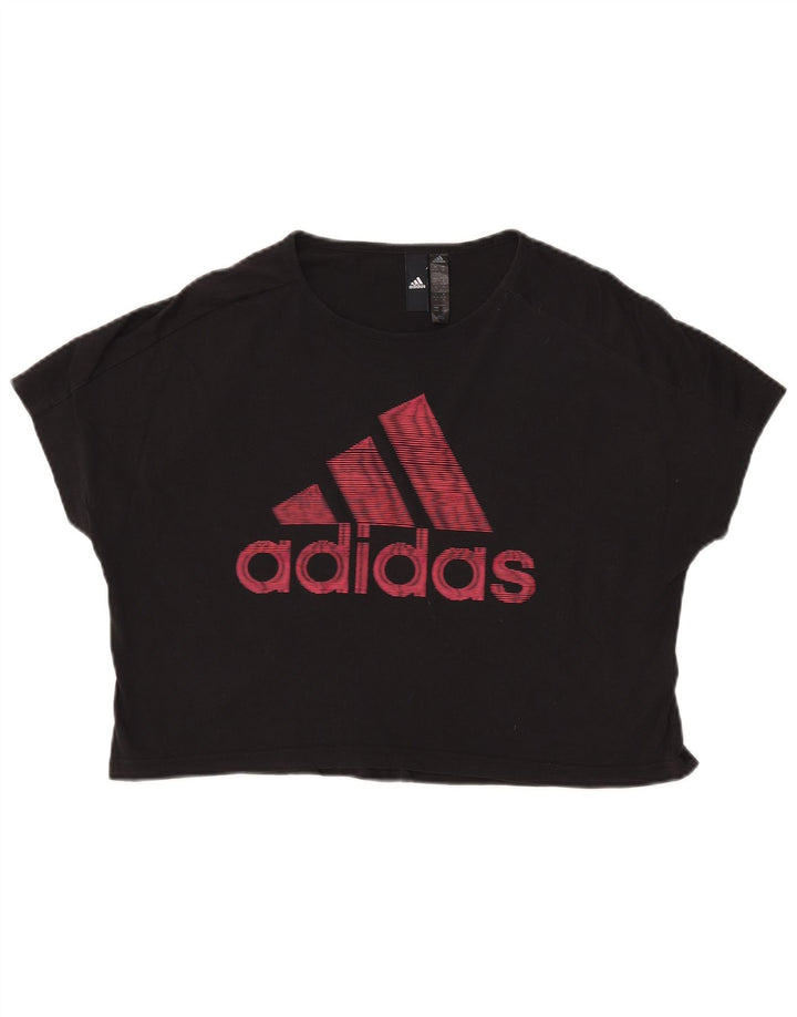 Tricou crop grafic ADIDAS pentru femei, Marea Britanie 12/14, bumbac mediu negru