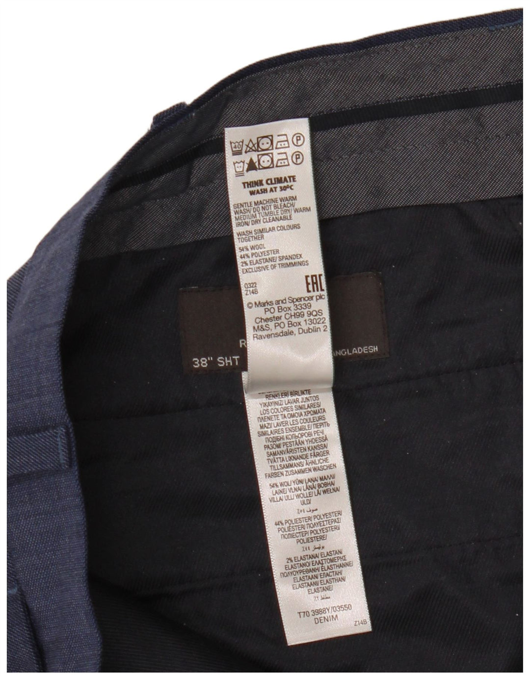Pantaloni de costum pentru bărbați Marks & Spencer, cu tăiere obișnuită, L38 L29 Lână albastră