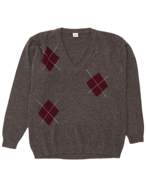 Pulover vintage pentru bărbați cu decolteu în V IT 52 Large Gri Argyle/Diamond