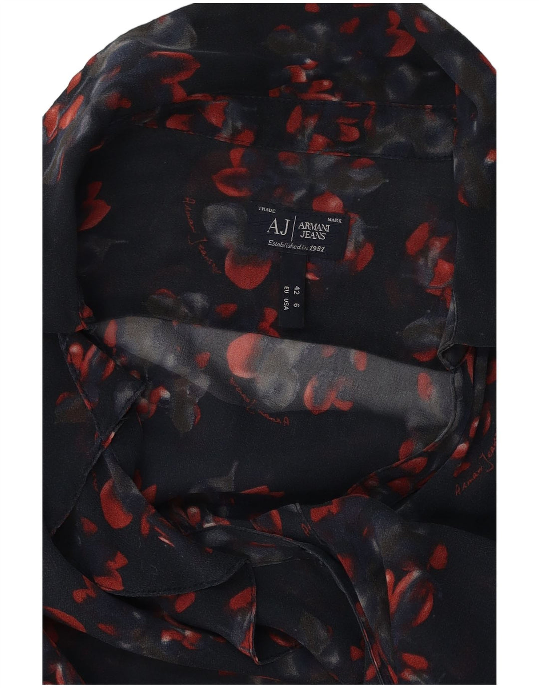 ARMANI JEANS Bluză de damă cămașă cu volane în față EU 42 Mare Bleumarin Floral