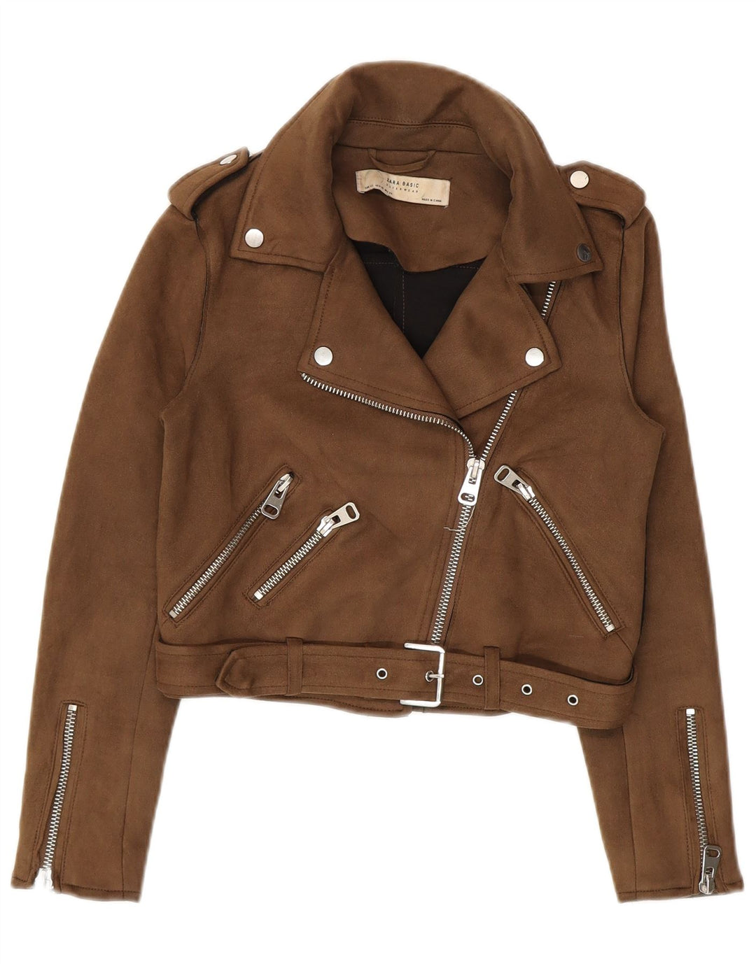 Jachetă de motociclist crop pentru femei Zara UK 6 XS maro