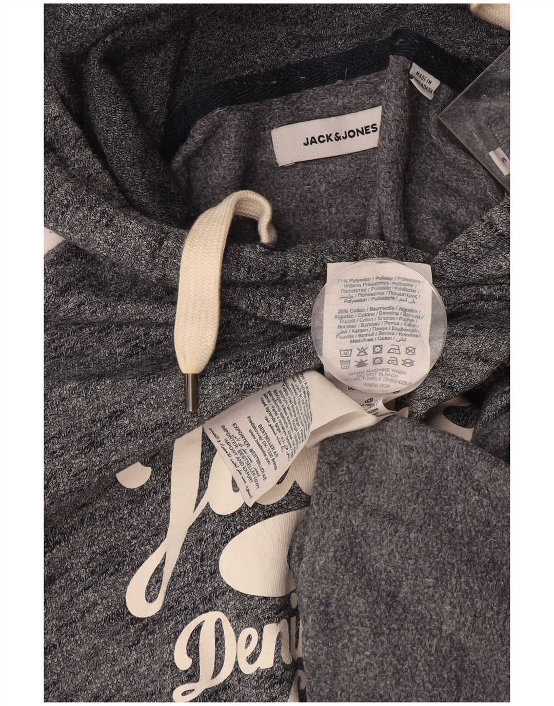 JACK & JONES Pulover cu glugă cu grafic pentru bărbați, bumbac cu pete, albastru bleumarin