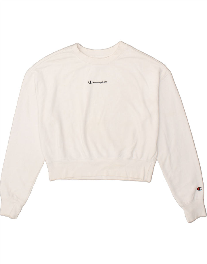 CHAMPION Womens Oversized Crop Sweatshirt Jumper UK 14 Medium White Cotton Vintage Champion and Second-Hand Champion from Messina Hembry 
