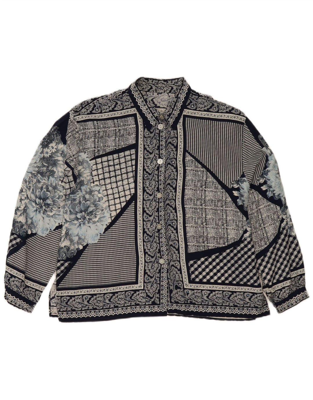 Bluză de cămașă vintage pentru femei UK 14 mare, albastru marine, mozaic