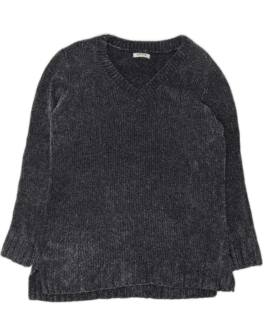 ORVIS Womens V-Neck Jumper Sweater UK 14 Large Grey Polyester Vintage Orvis and Second-Hand Orvis from Messina Hembry 