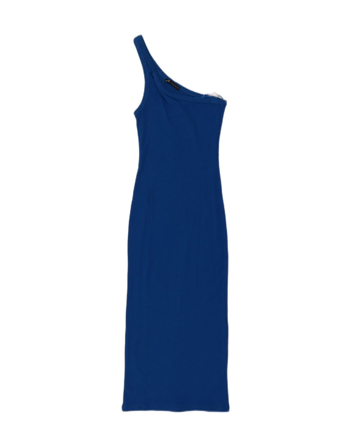 ZARA Womens One Shoulder Dress UK 12 Medium Blue Cotton Vintage Zara and Second-Hand Zara from Messina Hembry 