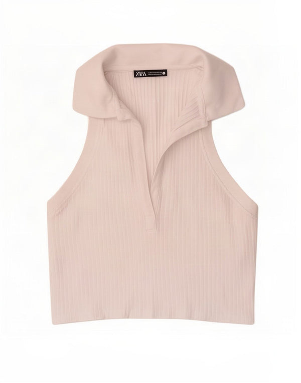 Tricou polo fără mâneci pentru femei Zara UK 12, bumbac alb mediu