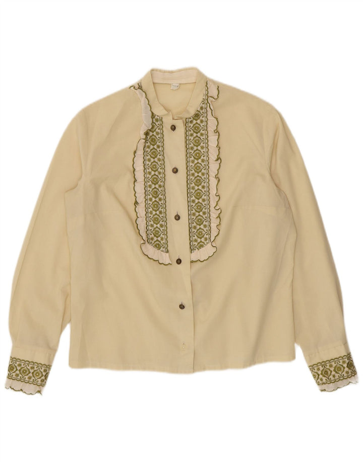 Bluză de cămașă cu volane în față pentru femei vintage UK 14 Medium Off White Floral