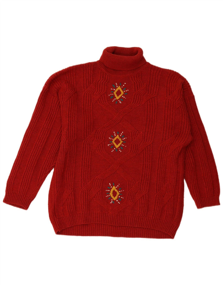 VINTAGE Pulover cu gât rulat pentru femei UK 18 XL Burgundy Fair Isle