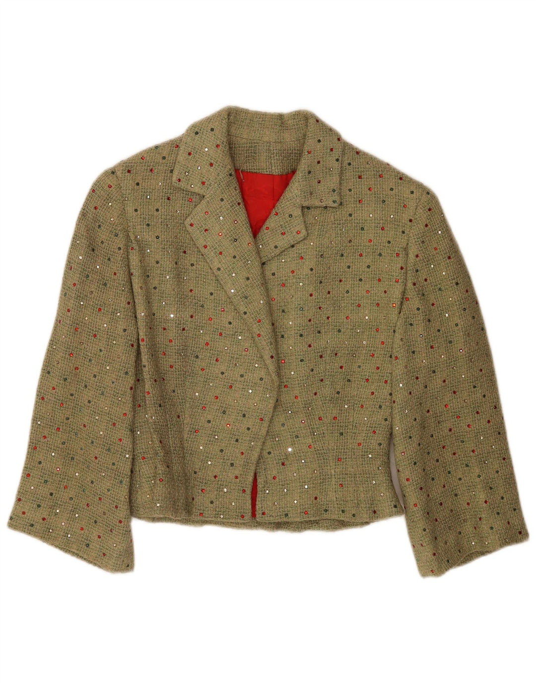 Jachetă vintage pentru femei crop cu mâneci 3/4, UK 12, verde mediu pete